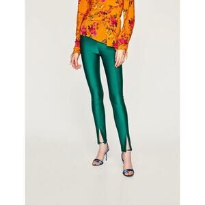 Zara Womens Studio Split Leg Cigarette Pants Metallic Green Size S 2328